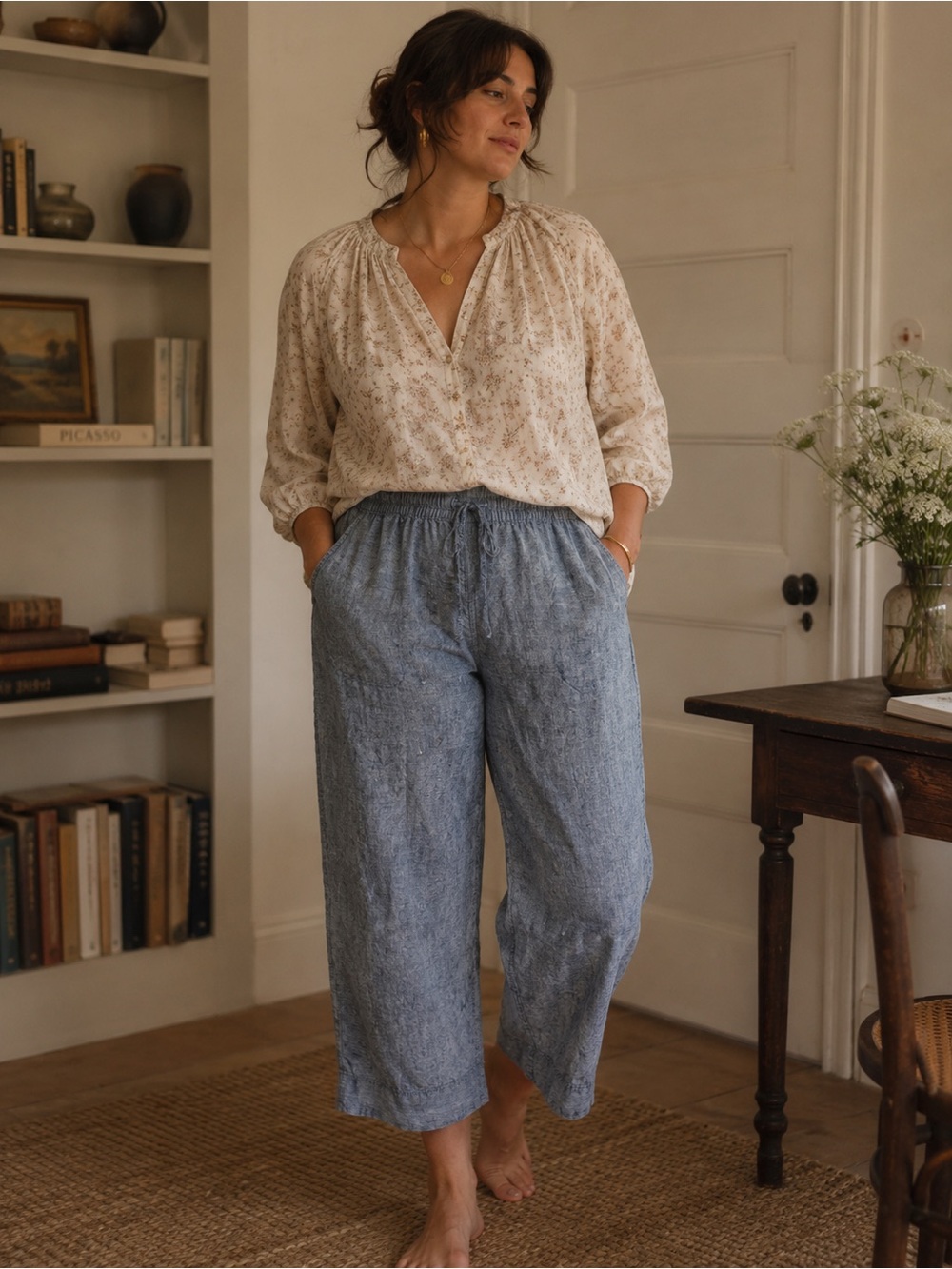 L.L. Bean Light Blue Cropped Linen Pants